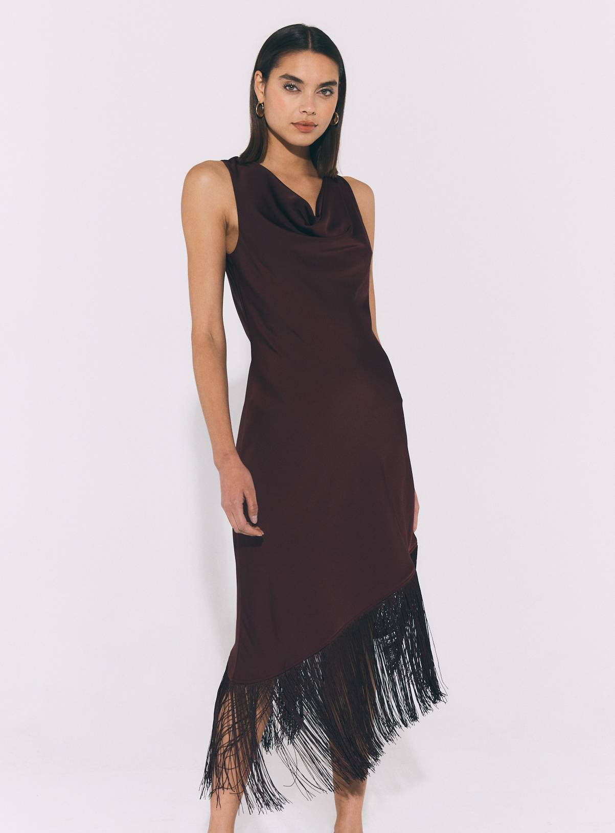 Dark Purple Satin Fringe Midi Dress 8 - Image 1